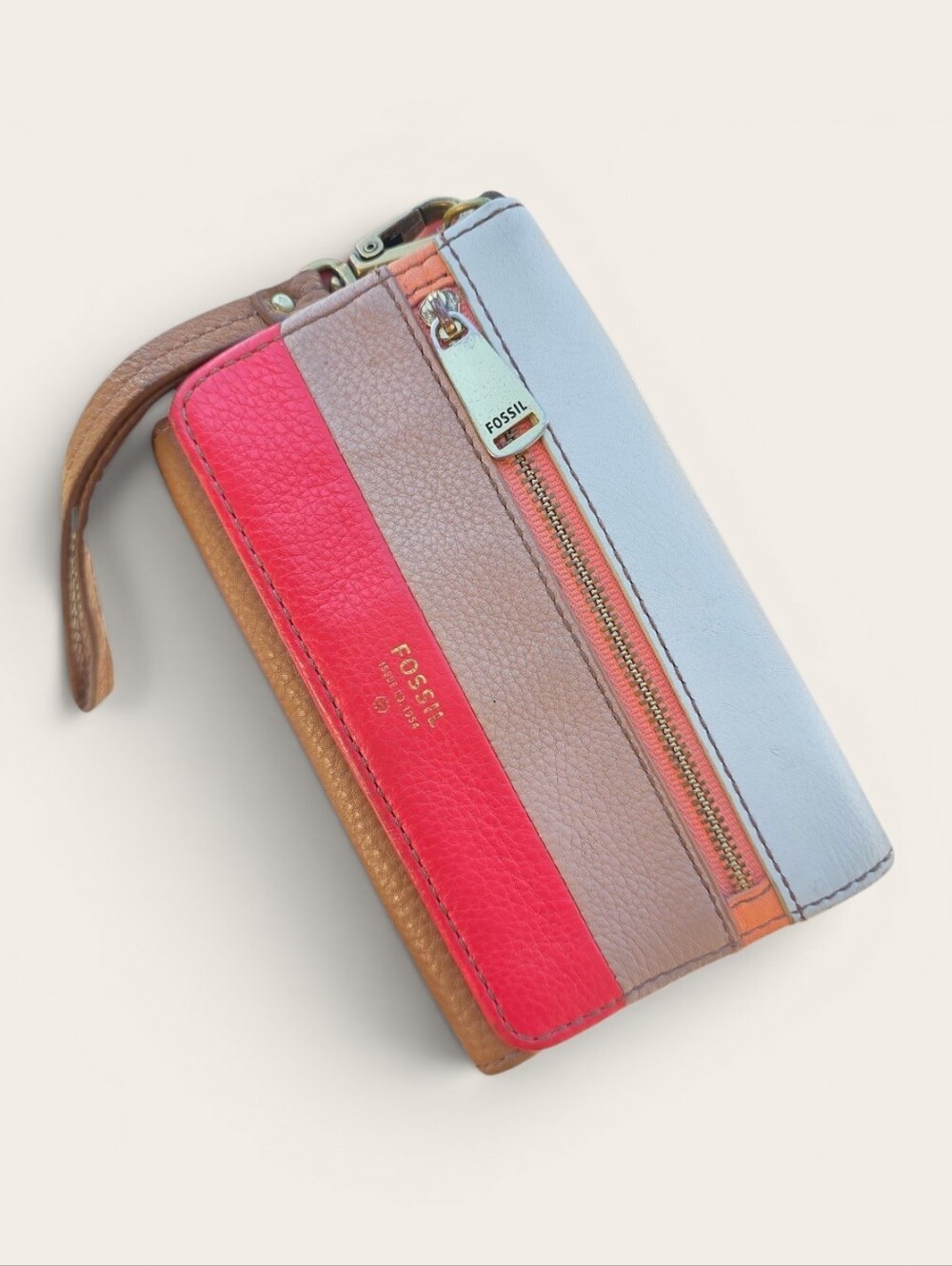 Fossil Colorblock Leather Wristlet in Red, Cream & Tan